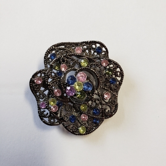 VINTAGE Brooch Rose Flower Antiqued Silver Tone Multicolor Stones Pastel - Picture 4 of 4
